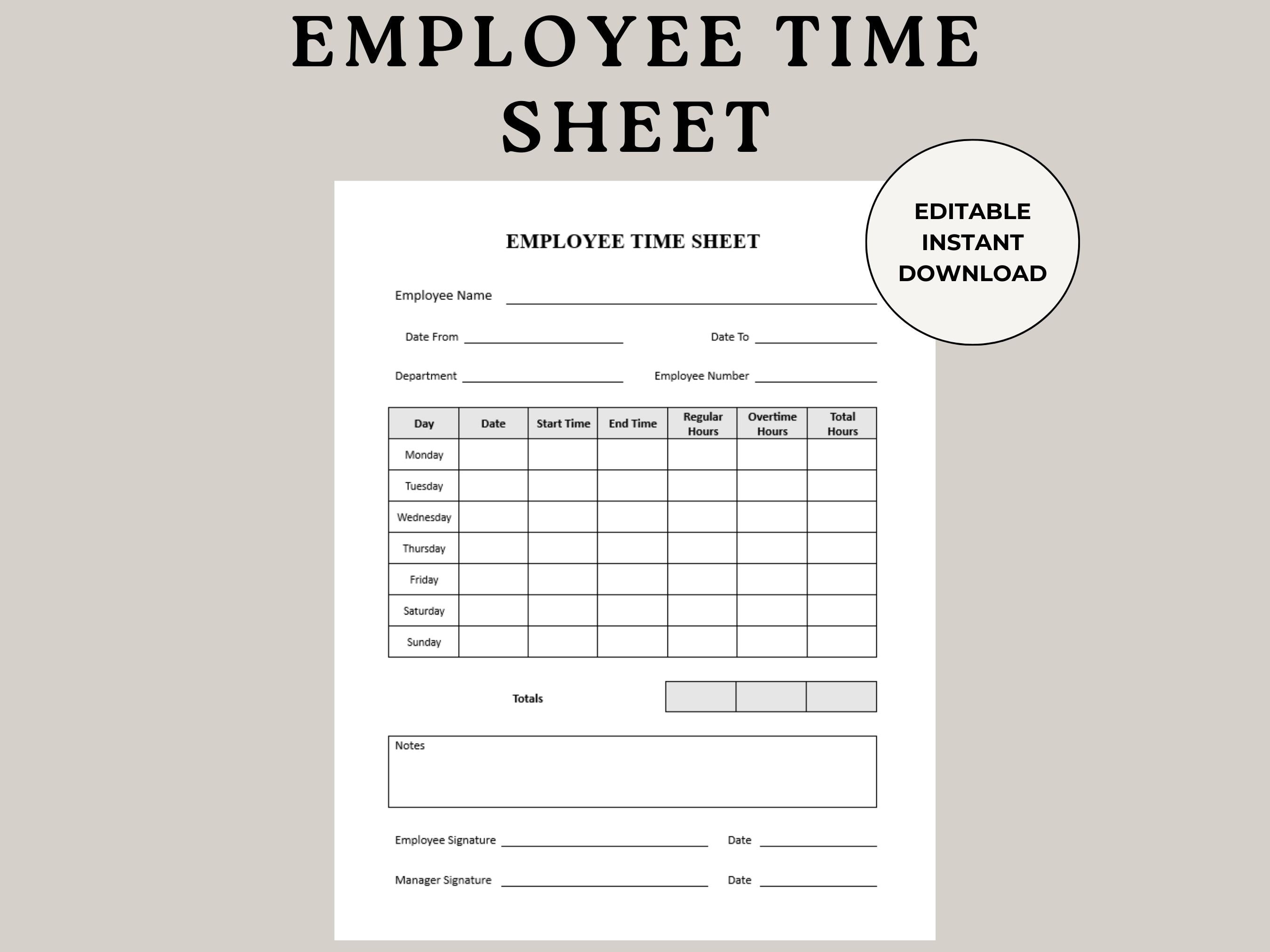 Employee Time Sheet, Editable Time Sheet, Timecard, Printable Timesheet, Timekeeping Sheet, Staff Management, Weekly Timesheet, Work Hours