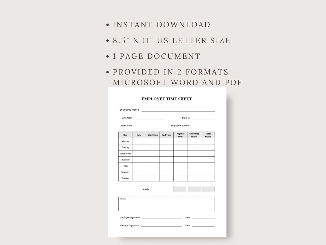 Employee Time Sheet, Editable Time Sheet, Timecard, Printable Timesheet ...