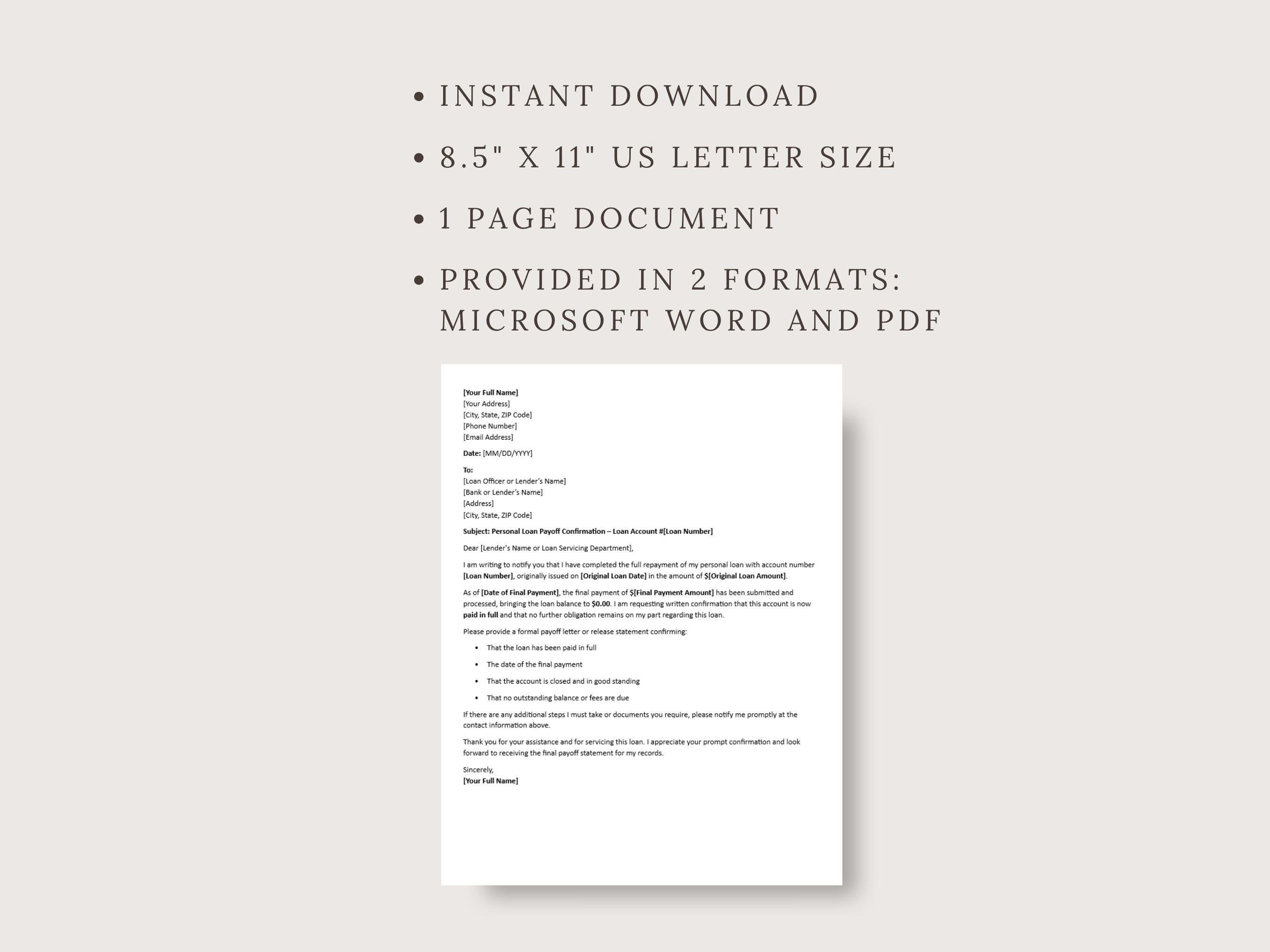 Personal Loan Payoff Letter Template (digital Download, Word/pdf Format ...