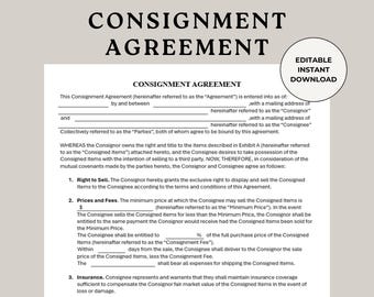 Consignment Agreement, Consignee Agreement, Consignment Contract, Consignment Form, Reseller Agreement, Resale Agreement, Shop Contract