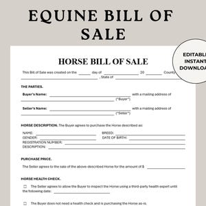 Puede incluir: Un modelo imprimible de contrato de compraventa de caballos, con campos para la información del comprador y del vendedor, la descripción del caballo y el precio de compra. Incluye un gráfico de "Descarga instantánea editable" en un círculo.