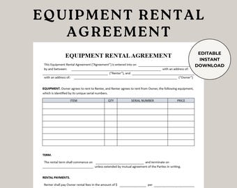 Equipment Rental Agreement, Equipment Loan, Lease Equipment, Rental Payments, Simple Agreement, Equipment Lease Form, Equipment Agreement