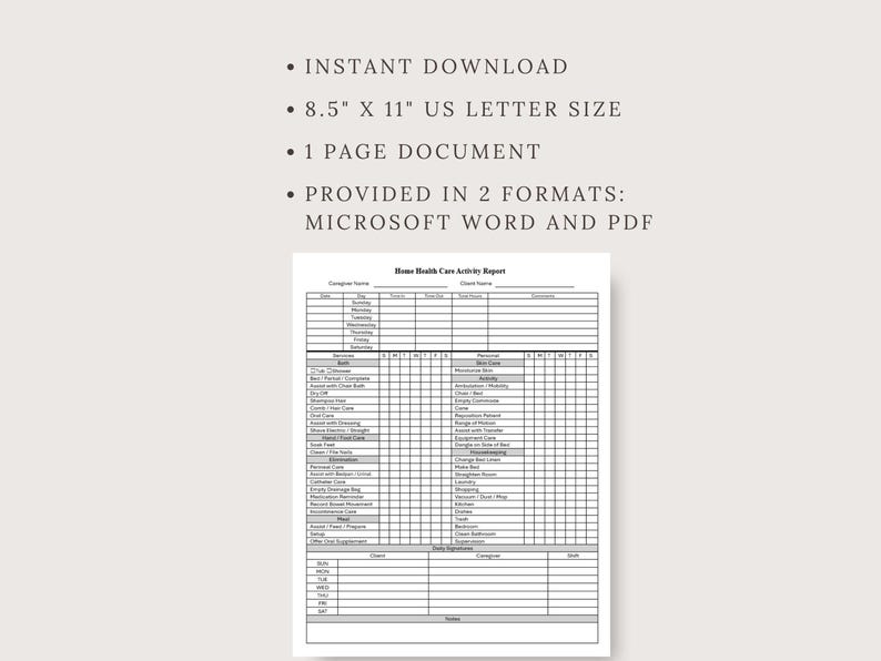 May include: A printable Home Health Care Activity Report form in black and white. The form is divided into sections for patient information, care activities, and notes. The form is 8.5 inches by 11 inches and is available in Microsoft Word and PDF formats.