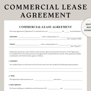 以下が含まれることがあります： 黒いテキストの白い商業リース契約書。このドキュメントには、貸主と借主の情報、物件の詳細、および条件のフィールドが含まれています。「EDITABLE INSTANT DOWNLOAD」という言葉が右上の円の中にあります。