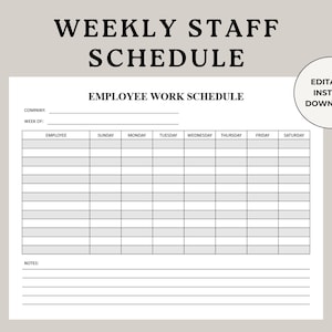 Weekly Staff Schedule Template: Editable Employee Shift Planner (Digital Download)