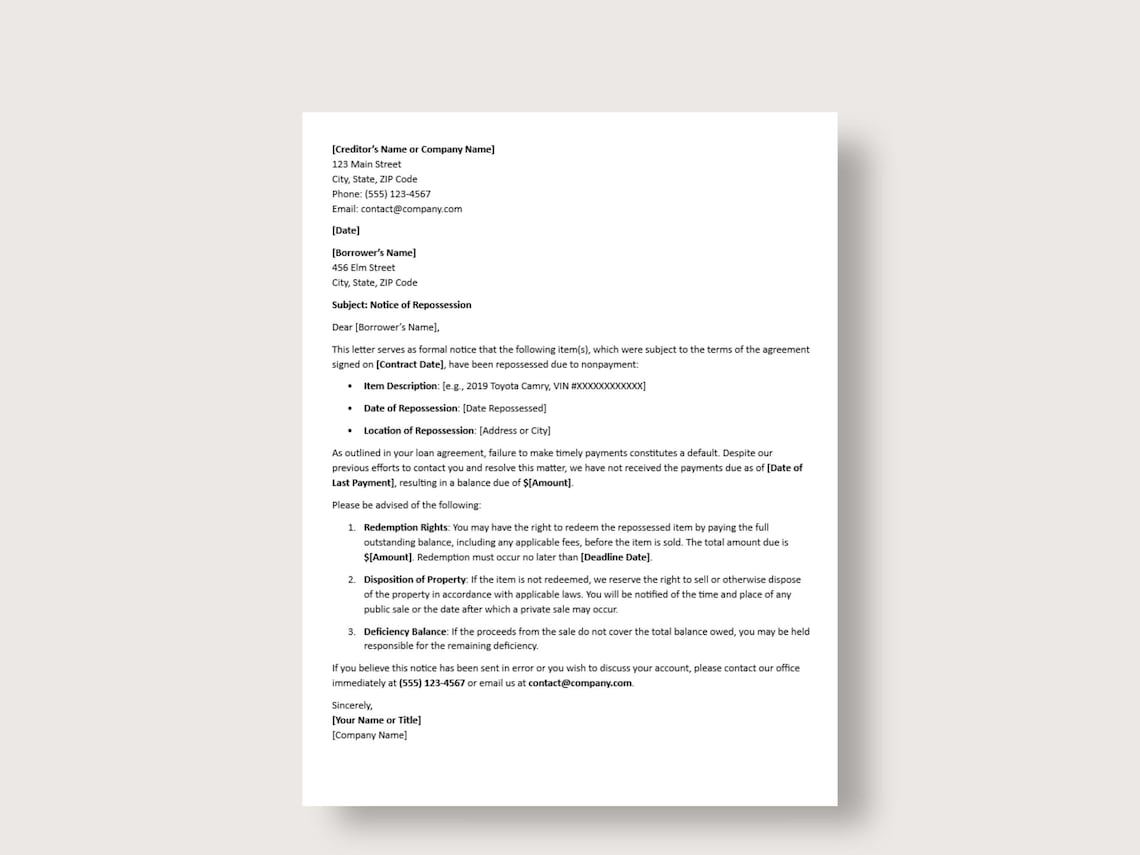 Repossession Letter Template: Auto, Vehicle, & Equipment (digital ...