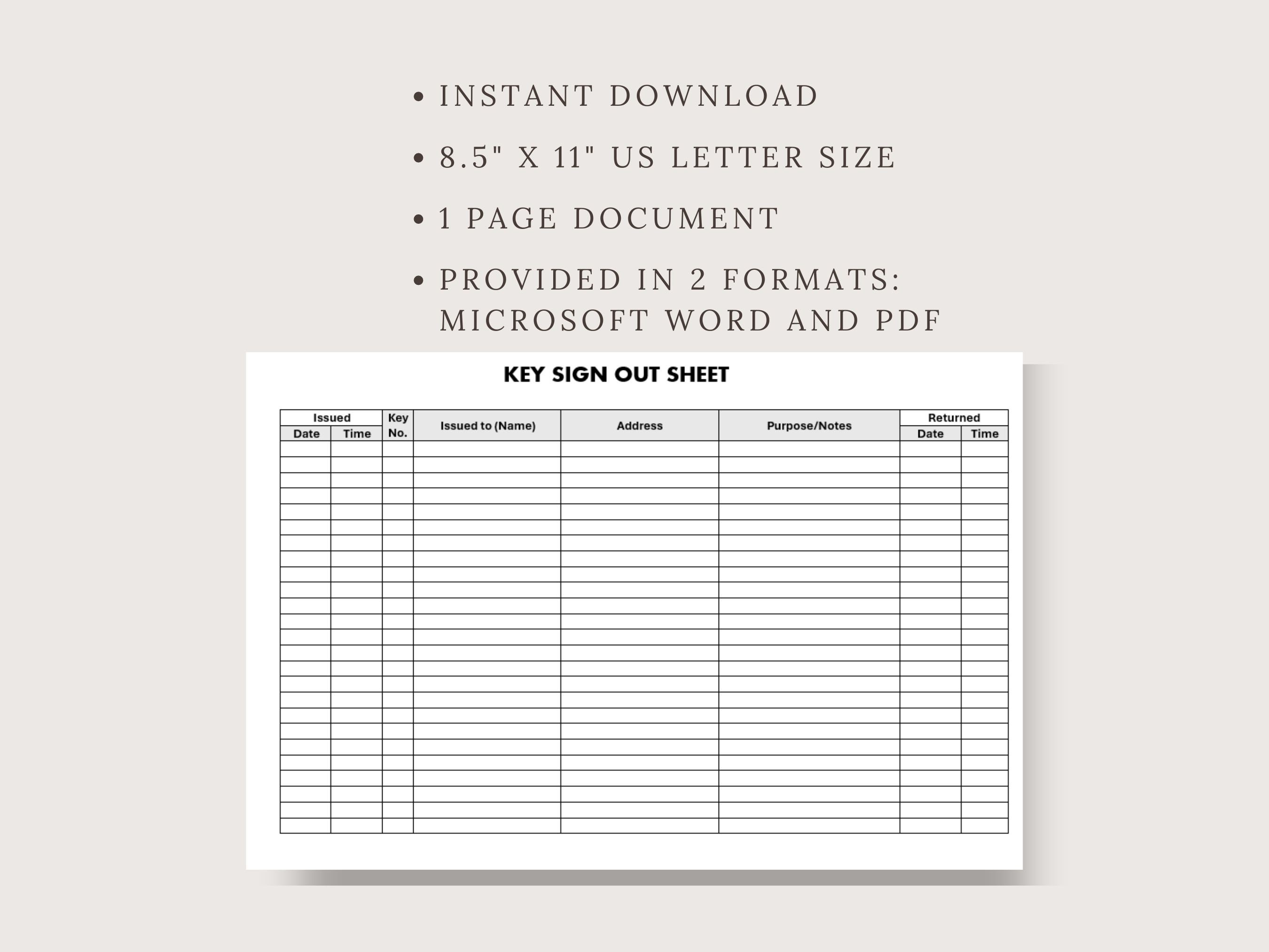 Key Sign Out Sheet: Key Control Log (digital Download) - Etsy