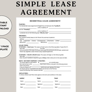 Peut inclure: Un modèle de contrat de location résidentiel simple d'une page. Le document comprend des sections pour les parties, les locaux, la durée du bail, le loyer, le dépôt de garantie, les services publics et les signatures. Il est modifiable et peut être téléchargé instantanément.