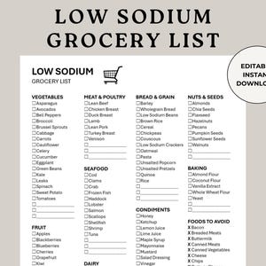 Low Sodium Grocery List: Hypertension Diet Planner (PDF & Word)