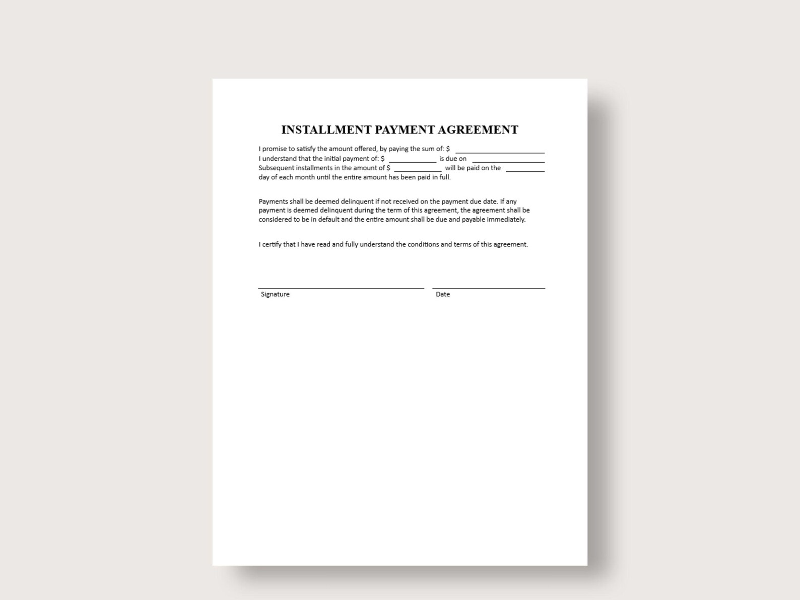 Installment Payment Agreement Template: Payment Contract (digital ...