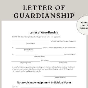 Carta de tutela, Carta notarial, Tutela, Formulario notarial, Documento de custodia, Acuerdo de cuidado infantil, Custodia infantil, Acuerdo familiar