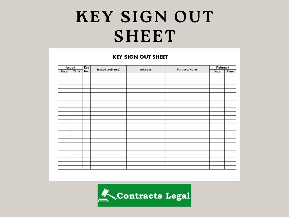 Key Sign Out Sheet, Key Sign Out Log, Key Control Sheet, Equipment Key ...