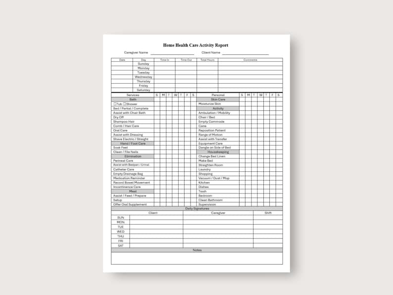 May include: A black and white printable home health care activity report form with columns for caregiver name, client name, services, personal care, and housekeeping. The form includes a daily checklist for each category, with days of the week listed across the top.