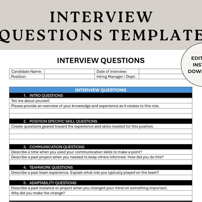 Interview Questions Template Etsy