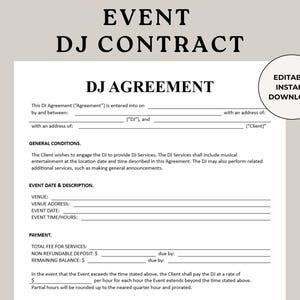 Può includere: Un documento di contratto DJ per eventi bianco con il testo "DJ Agreement" in grassetto nero. Il documento include campi per la sede, la data e i dettagli di pagamento. Un cerchio "Download istantaneo modificabile" si trova nell'angolo in alto a destra.