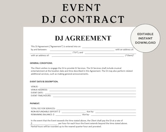 Event DJ Contract Template: Professional DJ Agreement (Digital Download, US Letter)