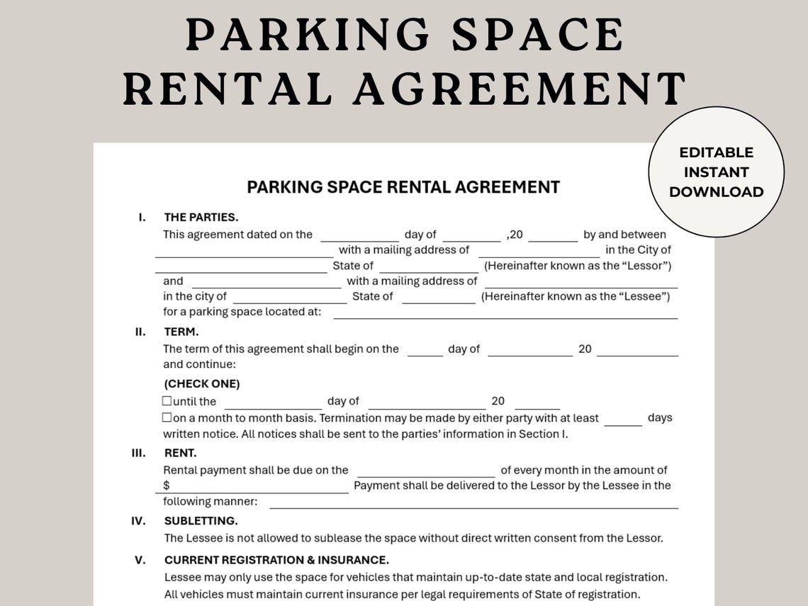 Parking Space Rental Agreement Template Lease Contract (digital