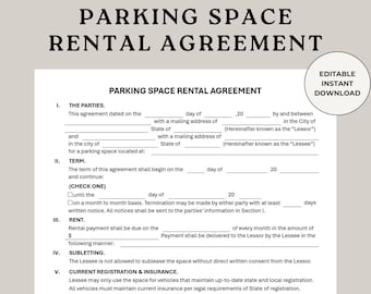 Parking Space Rental Agreement, Parking Rental, Parking Permit, Lease Contract, RV Parking, Parking Space, Parking Contract, Parking Lease