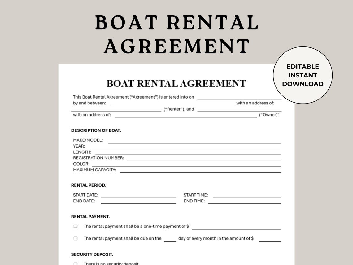 Boat Rental Agreement Template: Customizable Contract (digital Download ...