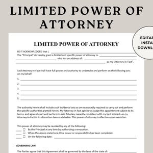 Limited Power of Attorney, Power of Attorney, Printable POA, Editable POA Form, POA Agreement, Estate Planning, Poa Template, Financial Powe
