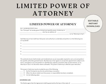 Modello di procura limitata stampabile: modulo di procura modificabile (download digitale)