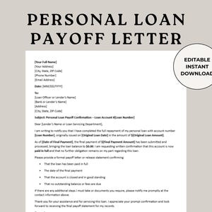 Personal Loan Payoff Letter, Payoff Template, Lettertemplate, Personal Loan, Loan Payoff, Mortgage Payoff, Word Letter, Credit Letter