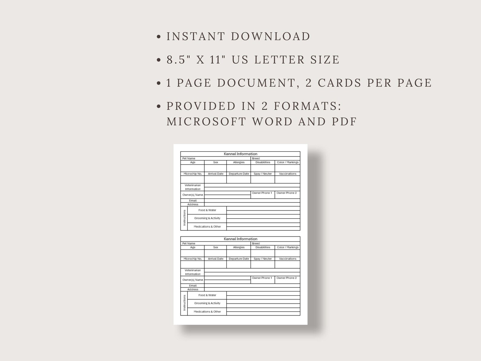 Veterinary Kennel Cage Card Template Pet Care (digital Download, Pdf
