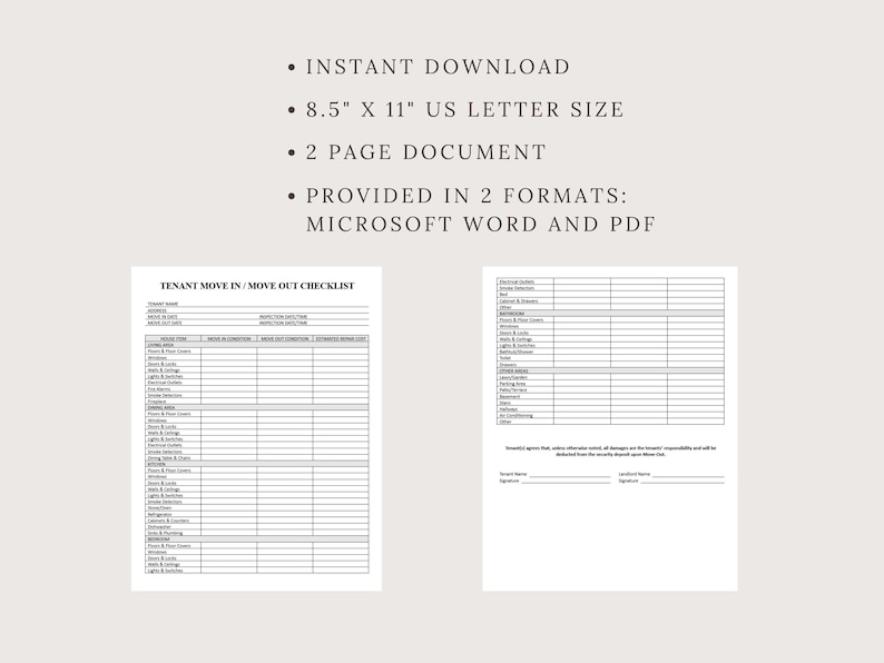 Tenant Move-in/out Checklist: Landlord Inspection Report (PDF &amp; Word ...