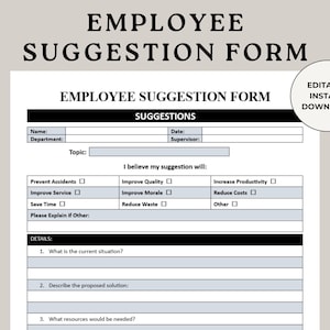 Formulier werknemerssuggestie, werknemerssuggestie, Human Resource-formulieren, ideeënbuskaarten, ideeënbus, werknemersenquête, suggestiesbuskaarten