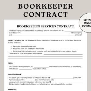 Bookkeeper Contract, Bookkeeper Business, Bookkeeper Services, Editable Bookkeeper, Simple Bookkeeper, Accounting Service, Accountant Terms