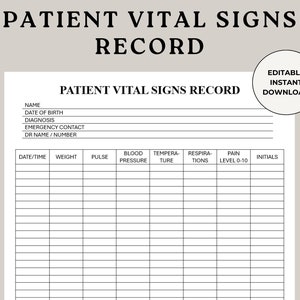 Registro de signos vitales de enfermera/paciente, registro diario de signos vitales, hoja de signos vitales, evaluación del paciente, registro del paciente, asignación de enfermera/o, hoja de informe de signos vitales