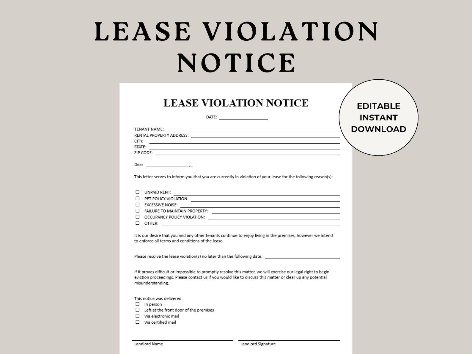 Lease Violation Notice Template Landlord Tenant Form (digital Download
