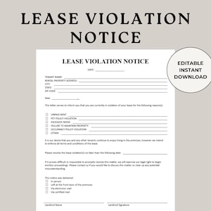 Könnte beinhalten: Ein weißes Dokument mit der Aufschrift „Mietverstoßanzeige“ mit schwarzem Text, einschließlich Feldern für Mieterinformationen und Verstöße. Das Dokument enthält den Text „Bearbeitbarer Sofort-Download“.