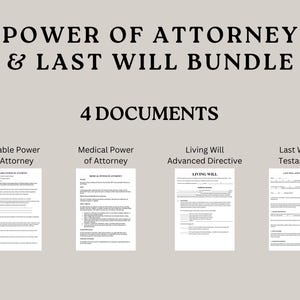 Peut inclure: Un ensemble de documents juridiques intitulé "POWER OF ATTORNEY & LAST WILL BUNDLE" avec le texte "4 DOCUMENTS". Les documents comprennent une procuration durable, une procuration médicale, un testament de vie et un testament.