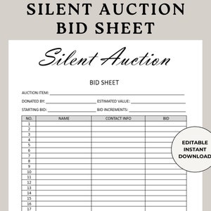 Silent Auction Bid Sheet, Bidding Form, Silent Auction Form, Auction Bidding, Fundraiser Bid Sheet, Bidding Sheet, Bid Sheet Template