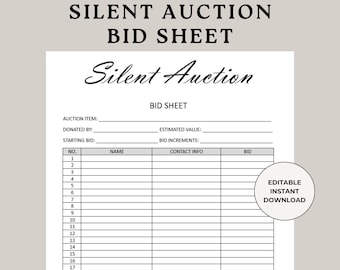 Silent Auction Bid Sheet, Bidding Form, Silent Auction Form, Auction Bidding, Fundraiser Bid Sheet, Bidding Sheet, Bid Sheet Template