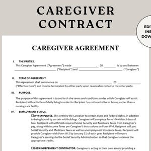 Caregiving Contract, Homecare Agreement, Caregiving Services, Caregiver Employment, Personal Caregiver, Elder Care Contract, Nursing Forms