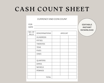 Cash Count Sheet, Cash Count Form, Cash Drawer Sheets, Closing Cash Count, Opening Cash, Daily Cash Count, Cash Drawer Count, Bill Breakdown