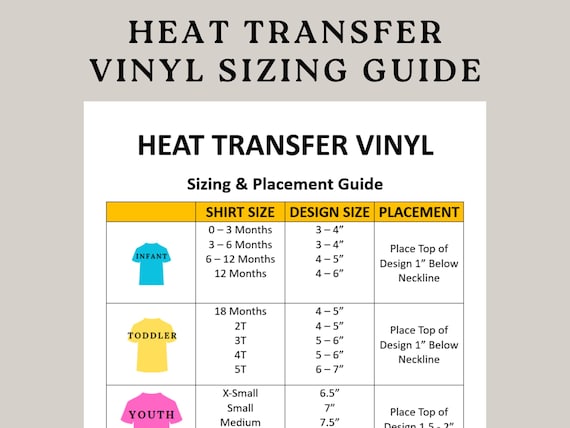 Heat Transfer Vinyl Sizing Guide, HTV Sizing Guide, Vinyl Sizing, T-shirt Vinyl Sizing, HTV Size Chart, Size Chart for Vinyl, Sizing Guide