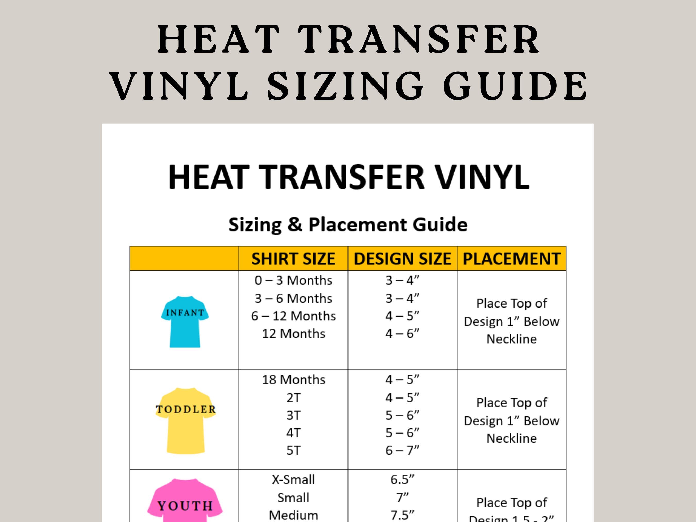 Heat Transfer Vinyl Sizing Guide, HTV Sizing Guide, Vinyl Sizing, T-shirt Vinyl Sizing, HTV Size Chart, Size Chart for Vinyl, Sizing Guide