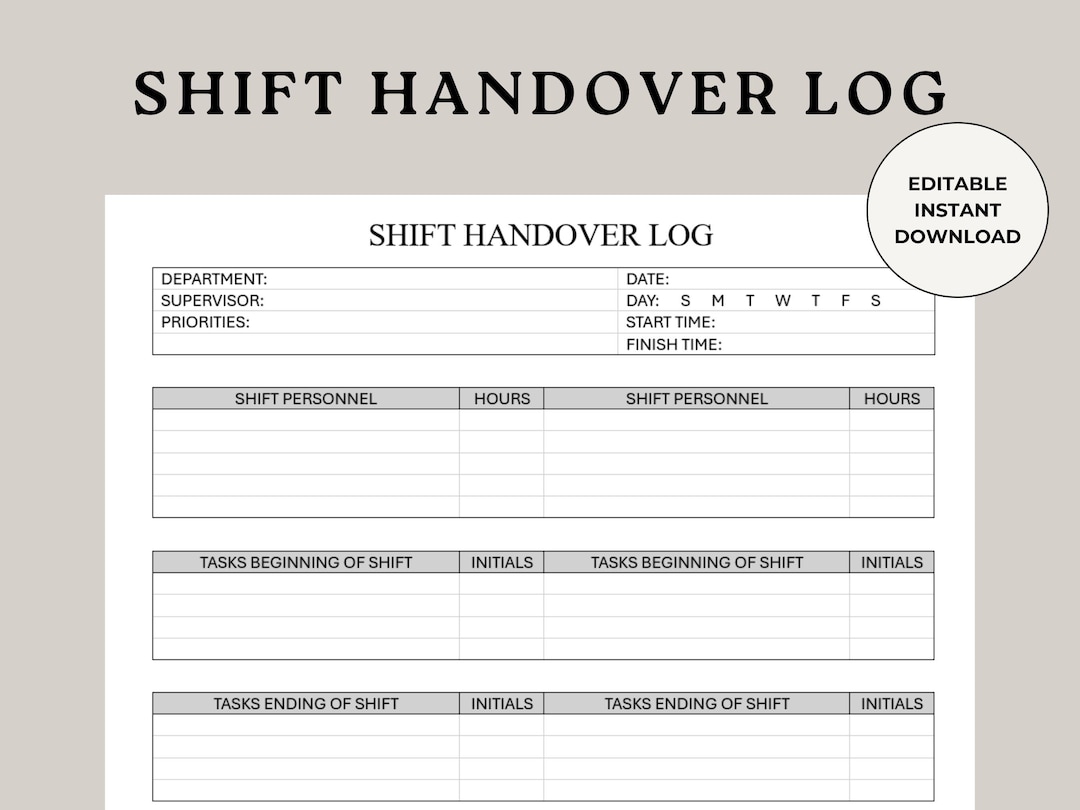 Shift Handover Log, End of Shift Form, End of Shift Log, Shift End Log ...