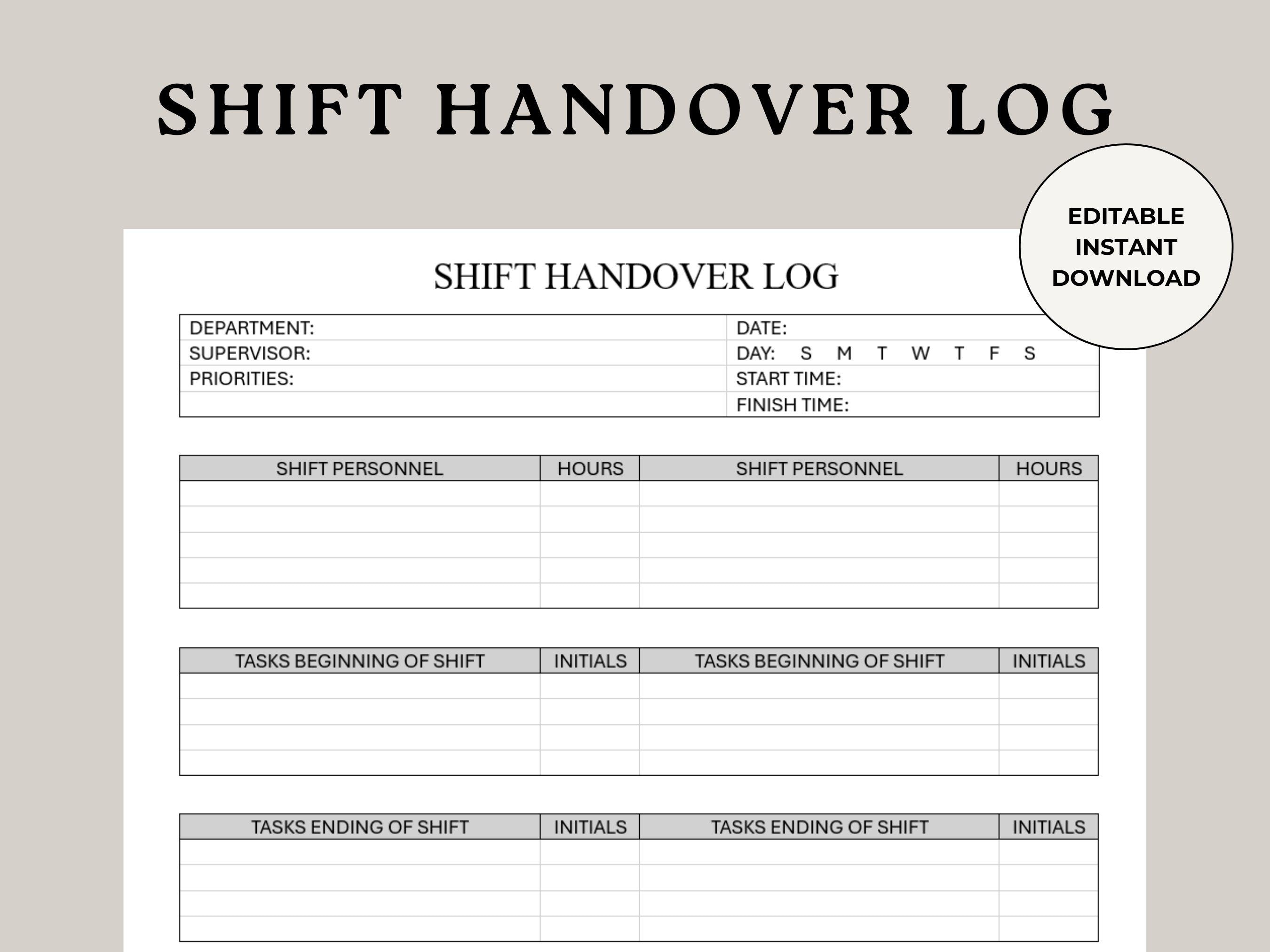 Shift Handover Log, End of Shift Form, End of Shift Log, Shift End Log ...