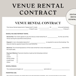 Puede incluir: Una plantilla de contrato de alquiler de local en blanco con texto negro. El documento incluye secciones para las tarifas de alquiler, los términos de pago y los períodos de alquiler. Las palabras "VENUE RENTAL CONTRACT" están en la parte superior. Una etiqueta "EDITABLE INSTANT DOWNLOAD" está en la esquina superior derecha.
