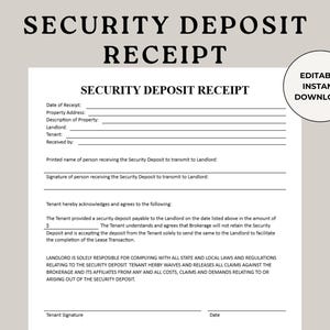 Recibo de depósito de seguridad, Carta de recibo de alquiler, Documentos del inquilino, Recibo del inquilino, Depósito de seguridad, Depósito de alquiler, Formularios del propietario, Depósito F