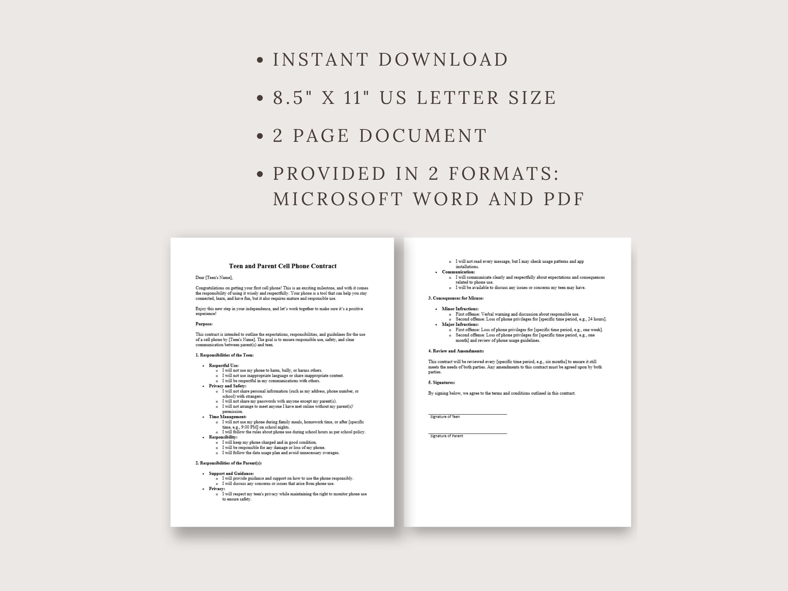 Teen Cell Phone Contract Template Digital Download for Parents (PDF