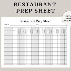Restaurant Prep Sheet, Food Prep Chart, Food Prep Sheet, Restaurant Opening, BOH Checklist, Restaurant Prep Checklist, Restaurant Inventory