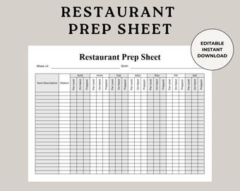 Restaurant Prep Sheet, Food Prep Chart, Food Prep Sheet, Restaurant Opening, BOH Checklist, Restaurant Prep Checklist, Restaurant Inventory