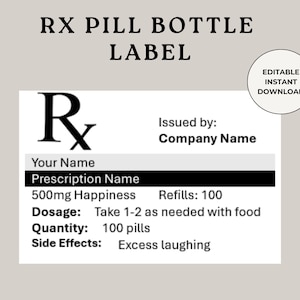 Rx Pill Bottle Label, Prescription Bottle, Fake Prescription, Nursing Rx Label, Customizable Rx, Custom Prescription, Printable Rx Label