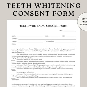Plantilla de formulario de consentimiento para blanqueamiento dental: negocio dental, spa médico (descarga digital, PDF y Word)
