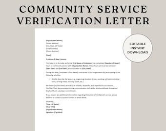 Community Service Verification Letter Template: Editable Volunteer Form (Digital Download)